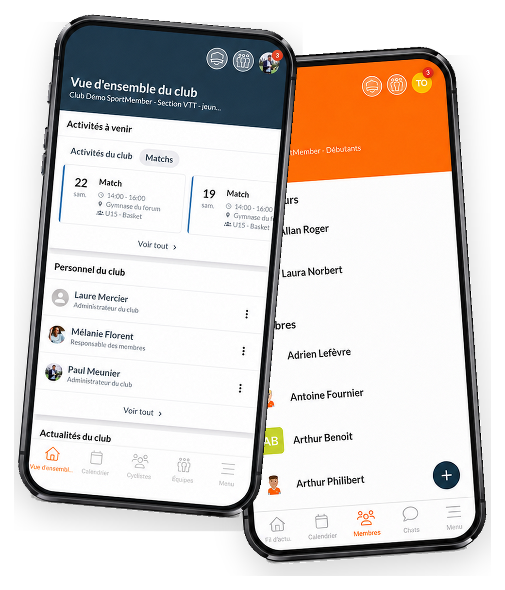 L'appli SportMember sur deux téléphones : vue d'ensemble du club et membres